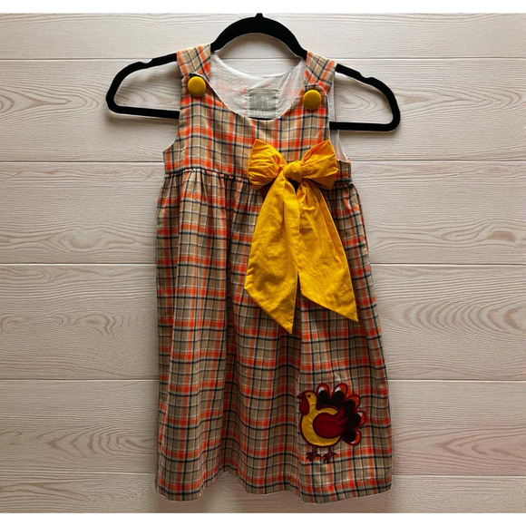 Lil Cactus Fall Dress Thanksgiving Turkey Applique Size 5Y Plaid Buttons Check - Picture 1 of 8